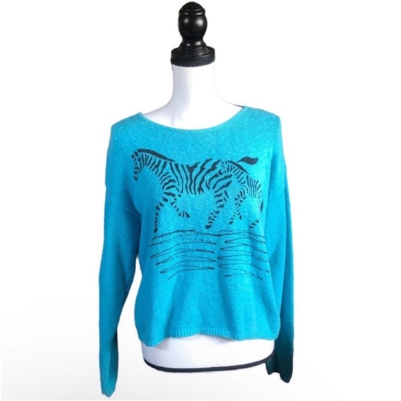 VTG Turquoise Cotton Knit Zebra Graphic Sweater Slouchy Dopamine 80s One Size - Picture 1 of 7